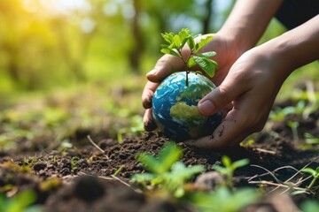 Hand holding earth globe and plant in the ground, save the world concept.