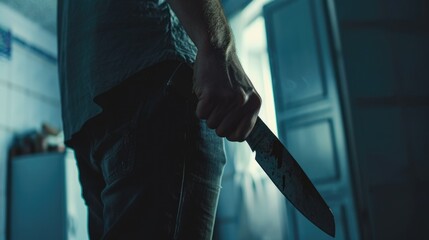 Evil Man hold knife wants to kill. Scary serial killer with blade. True crime concept. Dangerous male maniac attack at dark home room. Angry annoyed guy solve conflict. Horror scene Furious aggression - obrazy, fototapety, plakaty