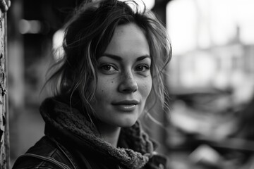 Portrait of a beautiful young woman in the city. Black and white photo.