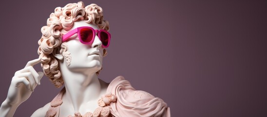 Portrait of a sculpture of Apollo wearing pink sunglasses on a pink background. Banner.