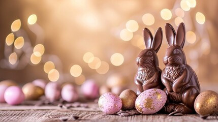 Fototapeta na wymiar Two chocolate easter bunnies and pink eggs on golden bokeh background with copy space banner