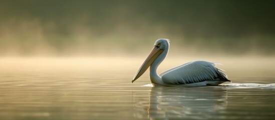 Solitary pelican glides gracefully in misty water landscape, conserving biodiversity in Danube delta.