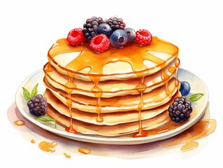 Delicious Pancakes with Maple Syrup and Berries on White Background AI Generated