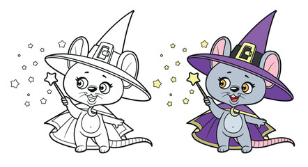 Cute cartoon mouse wizard with magic wand color and outlined for coloring page