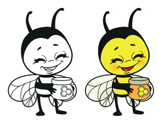 Obraz premium Cartoon cute bee hold a small jar of honey outlined and color variation for coloring page on white background