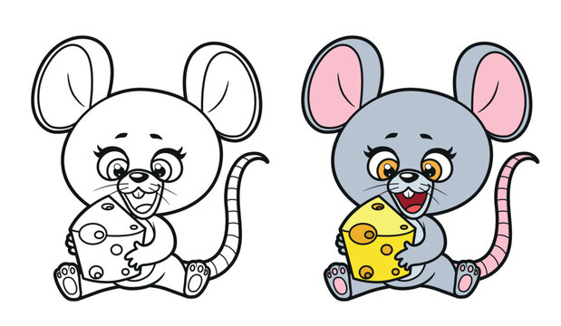 Cute cartoon mouse sit and hold piece of cheese in paws color variation  and outlined for coloring page on white background