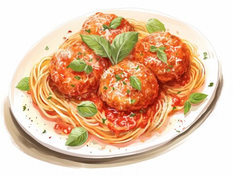 Delicious plate of spaghetti and meatballs with grated cheese on white background AI Generated