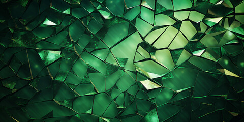 A green cracked glass with a dark background, A black and green abstract wall in the style of geodesic structures, cracked surface with blue glowing light
 - obrazy, fototapety, plakaty