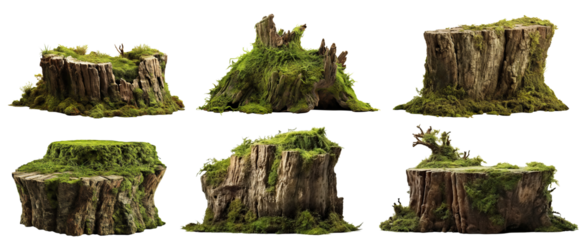 Set of moss-covered old tree stumps, cut out
