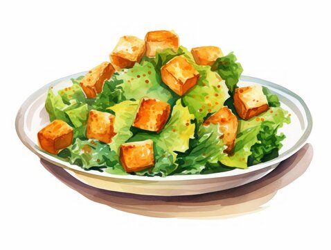 Delicious Vegan Caesar Salad with Croutons on White Background AI Generated