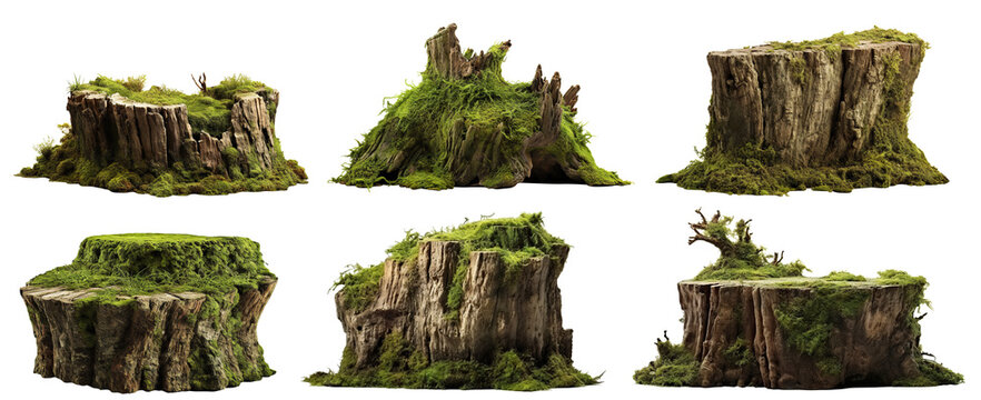 Set of moss-covered old tree stumps, cut out