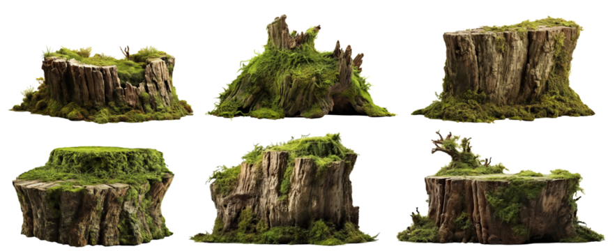 Set of moss-covered old tree stumps, cut out - Powered by Adobe