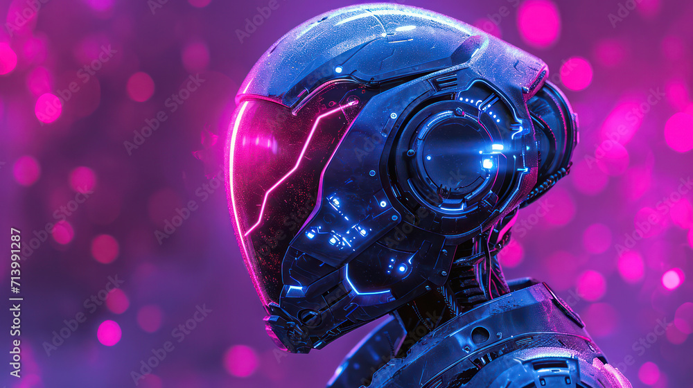 Poster cybernetic future: a futuristic intelligent cyborg soldier in blue, analysing data with a mechanical