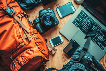 Close-ups of a digital nomad's backpack and travel essentials.