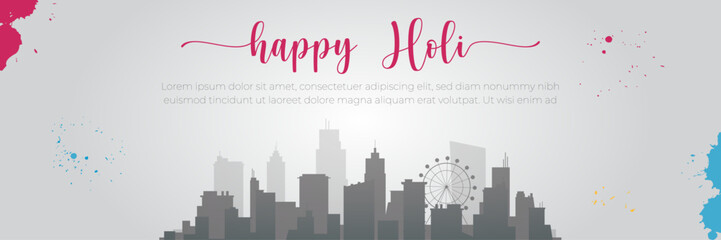 Vector illustration of Holi festival background. Happy Holi Text with People dancing, playing with Colors, Indian city skyline and celebrating Holi festival.
