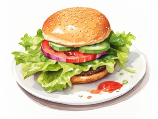 Delicious Veggie Burger with Lettuce and Tomato on White Background AI Generated