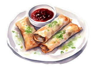 Delicious Veggie Spring Rolls with Plum Sauce on White Background AI Generated