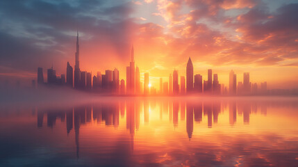  modern city skyline, skyscrapers reflecting warm sunrise