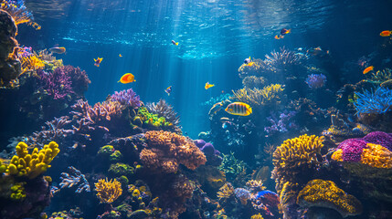 An underwater coral reef with colorful fish with intricate corals 
