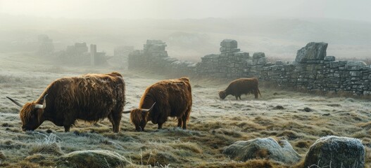 Highland cattle grazing in misty rural countryside. Agriculture and nature.