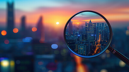 magnifying glass over a sunset in the city