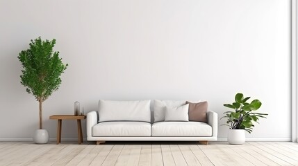 empty white wall for writing, minimalist beige living room interior, sofa on wooden floor,