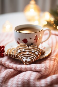 cinnamon heart shaped coffee in mug with a heart tea cake on a sweater with cookies. ai generated