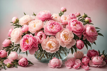 Beautiful peony flowers in a glass vase. Beautiful bouquet of pink peonies. Flower arrangement, daylight. Wallpaper.