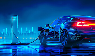 futuristic electric cars charging with batteries, in the style of digital neon, technology innovation as car charging system goes, shaped canvas