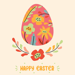Happy Easter holiday card, template social media post. Floral Easter egg, doodle flowers and hand drawn lettering