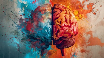red and blue watercolor brain - obrazy, fototapety, plakaty