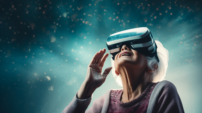 An elderly woman in a virtual reality mask realizes her childhood dreams and sees pictures of space.