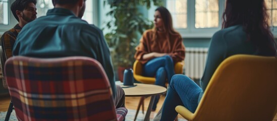 Therapeutic group sessions provide a supportive environment for men and women facing mental health issues, addiction, or depression, where they can build trust, share experiences, and communicate with - obrazy, fototapety, plakaty