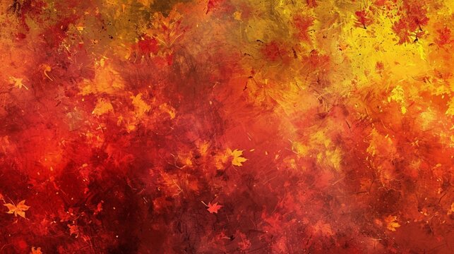 Abstract fall or autumn background concept with mottled leave pattern painted in grunge texture design, hot red yellow and orange colors of fire