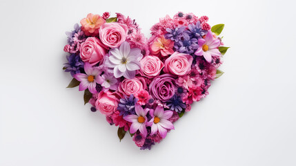 Top view arrangement of colorful flowers with heart shape placed on white background. Valentine's day, mother's day, women's Day background. Generate AI