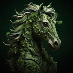Portrait of a horse with green leaves in the background