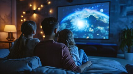 a family watching a movie with a home projector: Family Movie Night with Home Projector