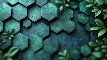 Modern Hexagonal Green Tiles and Leaves Wall Art Background