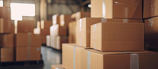 Stacked packaging boxes loaded onto cargo containers, cartons, cardboard boxes, warehouse supplies, shipping trucks, supply chain shipment freight truck logistics.