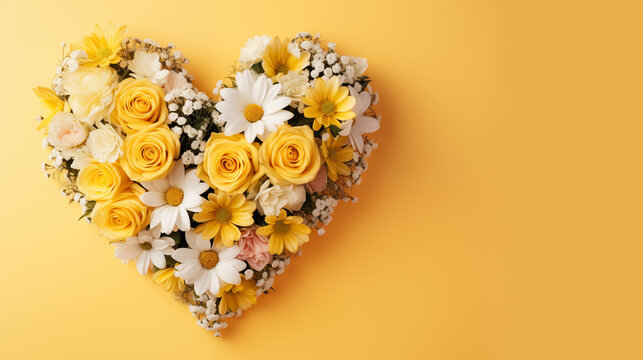 Beautiful bouquet of flowers in heart shape on yellow background. Valentine's day, mother's day, women's Day background with space for text. Generate AI