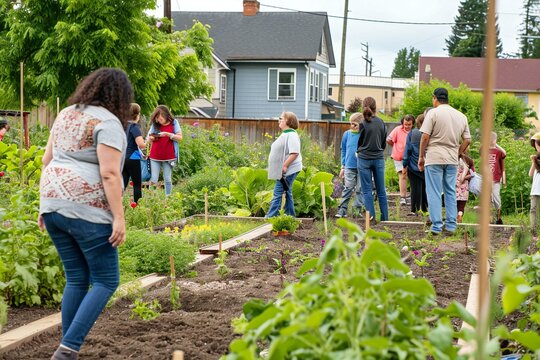 a community garden with people gardening together: Community Gardening Collaboration