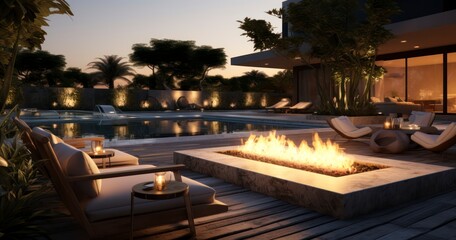 The Harmonious Blend of a Fire Pit Near the Serene Pool Area - obrazy, fototapety, plakaty