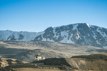 Korzok village on Lake Tso Moriri in the Himalayas, Ladakh, mountain lake, India