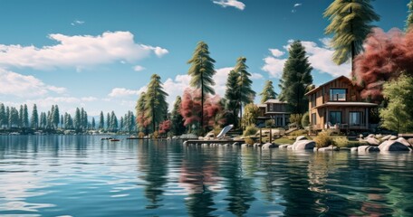 The Calming Charm of Serene Lake Houses for a Perfect Escape - obrazy, fototapety, plakaty