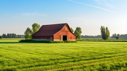 Red Barn Standing in Green Field With Trees in Background