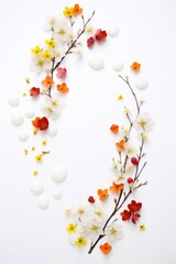 An overhead view of a delicate floral arrangement with white stones on a pure background