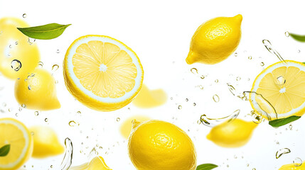 fresh lemon fruits flying through the picture isolated against white background