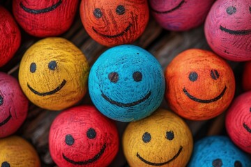 Hand-painted smiley faces on a collection of colorful stones