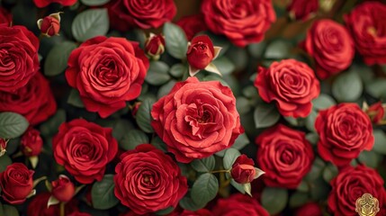 Naklejka premium Red Roses background for valentine theme. Top View, realistic and very detailed. Valentine Background.