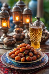 A cultural setting of dates and tea on an ornate table, lit by lanterns